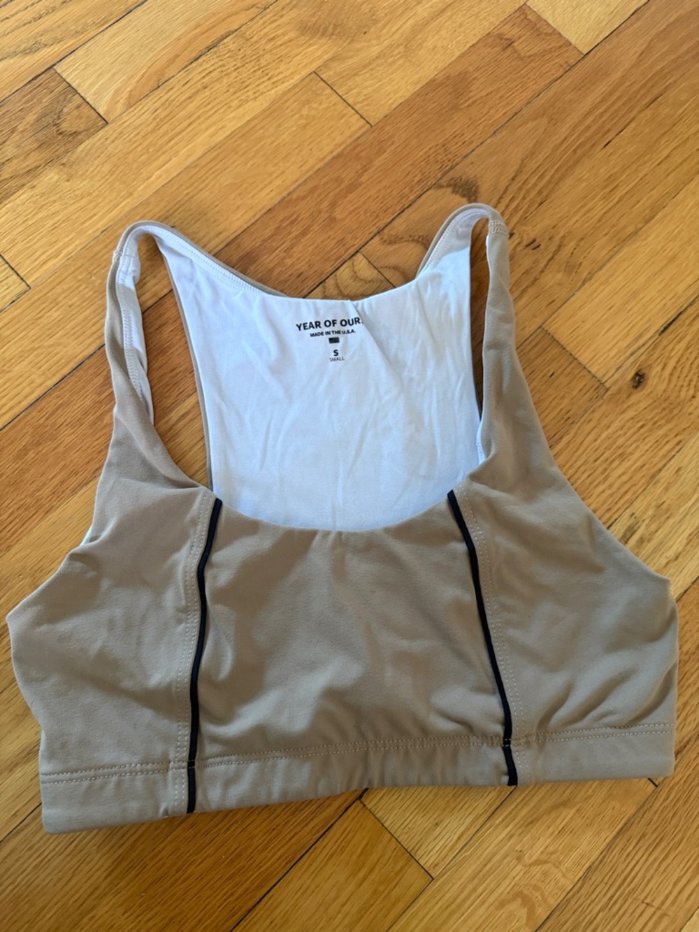 Year of Ours Sand Taupe Racerback Sports Bra with Black Piping
